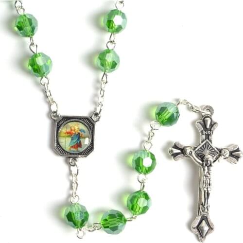 Fashion Round Faceted Green Crystal Beads Jesus and St Christopher Rosary Necklace