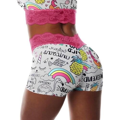 Hirigin 2021 New Fashion Sexy Women Booty Workout Shorts Lace Patchwork Trim Lips Print Elastic Waist Ruched Shorts Sleepwear