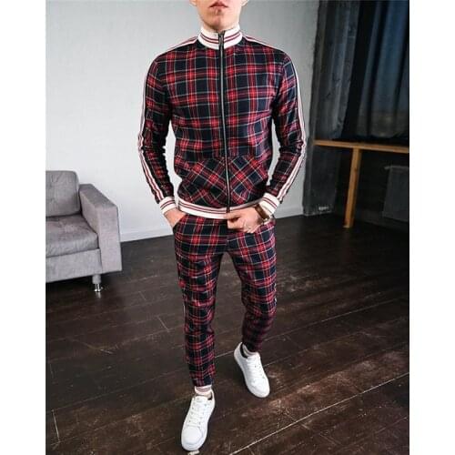 New Fashion Jackets Men Tracksuit Sets Mens Set Colorful Plaid Men Casual Zipper Set Autumn Tracksuit Set Male Sweatshirt Pocket
