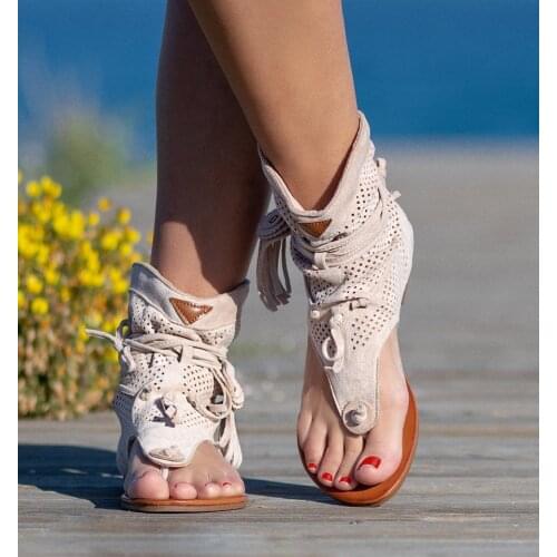 Retro Tassel Sandals for Woman Summer Boho Flat Shoes Ladies Lace Up Beach Shoes Sandalias Mujer 2020 Womens Shoes