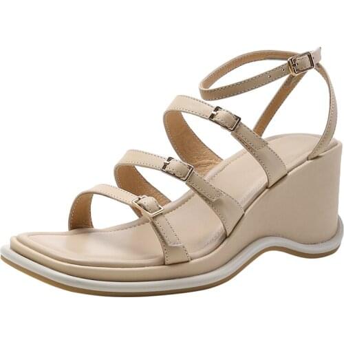 Women Wedges Sandals Genuine Leather Sexy Lady Open Toe Buckle Sandal Apricot Beige 6cm Heel Fashion Summer Female Shoes M141