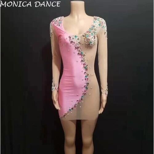 Sexy Pink Nude Stones Pearls Dress Sexy See Through Dance Costume Bling Stage Dancewear Shining Rhinestone Sexy Party Outfit