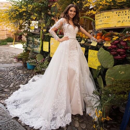 Hochzeitskleid Long Sleeve Mermaid Wedding Dress with Detachable Train Suknia Slubna Sequined Beading Robe De Mariage Trouwjurk