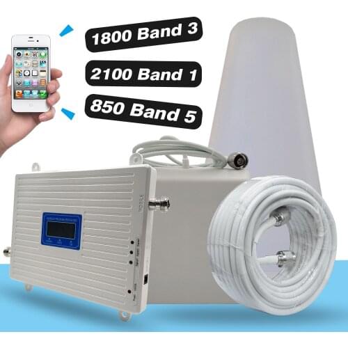 Gain 65dB Tri Band Booster CDMA 850 DCS/LTE 1800 WCDMA 2100 MHz 2G 3G 4G Cell Phone Signal Repeater Full Set with Antenna Cable