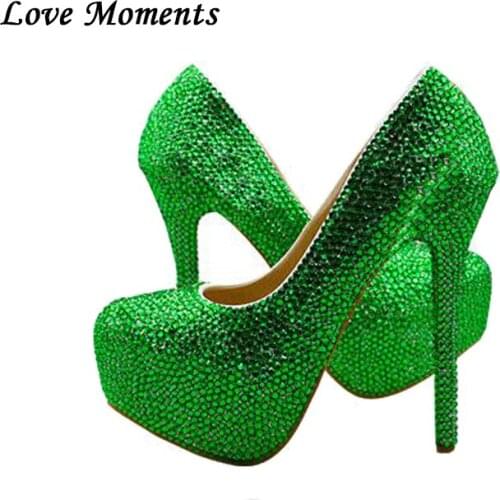 Bridal wedding shoes Green crystal high-heeled platform shoes and purse girl wedding shoes performance party shoes