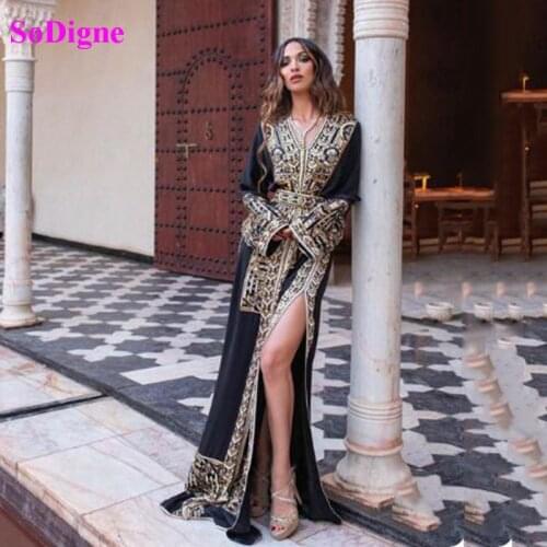 SoDigne Moroccan Caftan karakou Formal Evening Dresses 2020 Gold Lace appliques long Sleeves Special Occasion Dress Prom Gowns