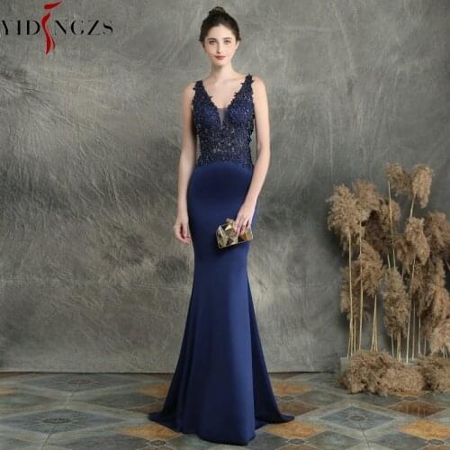 YIDINGZS Navy Blue V-neck Appliques Beaded Long Evening Dress See through Elegant Evening Party Dress YD16158
