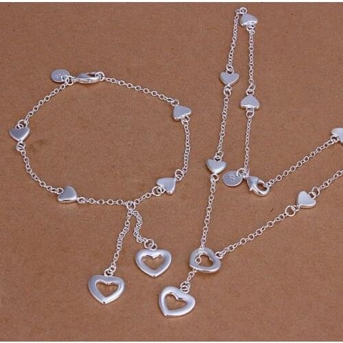 KN-S132 Silver Color Jewelry Sets Lovely Silver Fashion Jewelry 10 Hearts Link Pendant Bracelet Necklace/aksajbz