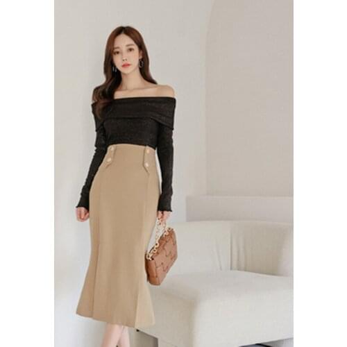 2021 New Design Women 2 Pieces Set Elegant Sexy Slash Neck Slim Top + Fashion High Waist Mermaid Skirts Simple Spring Lady Suit