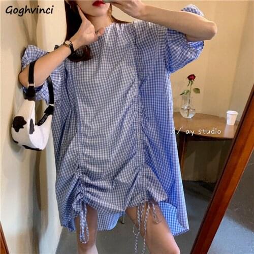 Plaid Dress Women Design Shirring Puff Sleeve Loose Dresses Students Lace Up Korean Style Leisure All-match Outwear Summer Trend