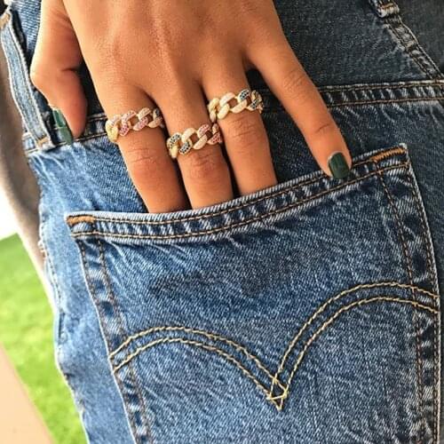 2021 Hip Hop Rock Cuban Link Chain Ring For Women Girl Gold Color Micro Pave Rainbow Cubic Zirconia Luxury Fashion Charm Jewelry