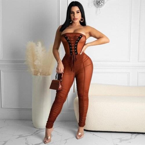 ZHYMIHRET Black Lace Up See Through Jumpsuit Women 2021 Summer Sexy High Waist Ruched Rompers Strapless Skinny Overalls