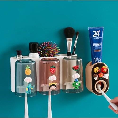 Cartoon Animal Toothbrush Holder & Tooth Paste Holder Wall Mount Automatic Toothpaste Dispenser Children Bathroom Supply Sets