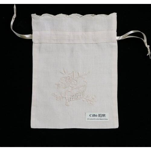 B003 : 12 pieces Beige Ecru ramie/cotton drawstring hand embroidery gift bags, 6x8 inches sachet bags, travel pouch, linen bag