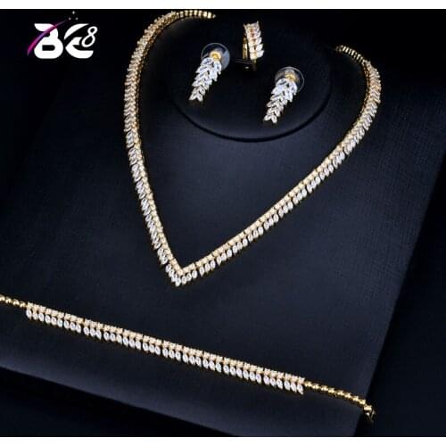 Be 8 Luxury Gold-color Real Micro Pave Setting AAA Cubic Zirconia Leaves Shaped 4pcs Dubai Jewelry Set for Dinner Party S130