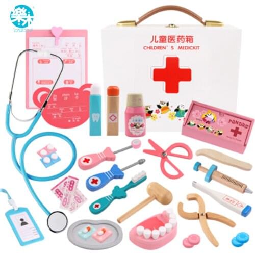 Logwood Wooden toys Funny play Real Life Cosplay Doctor game toy Dentist Medicine Box Doctor Play 24PCS Set For Children