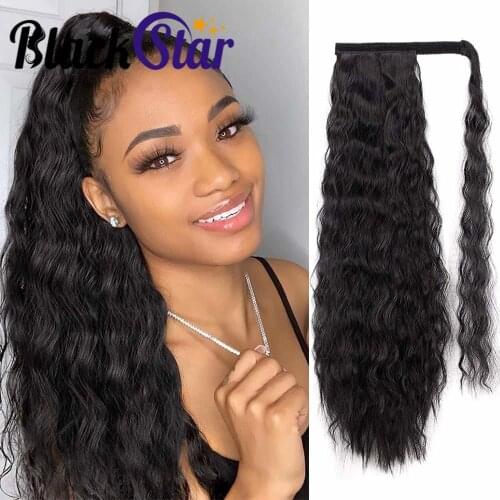 Long Yaki Deep Wave Ponytail Extension Magic Paste Heat Resistant Yaki Water Wavy Synthetic Wrap Around Ponytail Black Hairpiece