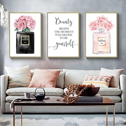 Perfume Bottle Wall Art Perfume Posters and Prints Beauty Begins Quote Print Watercolor Flower Pictures Bedroom Decoration