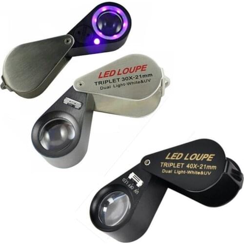 Pocket Mini 10X 20X 30X 40X Metal Jeweler Loupe LED UV Light Jewelry Stamps Diamond Magnifier 21mm Triplet Optical Lens