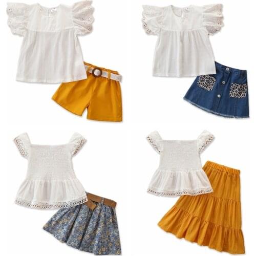 Fashion Girls Summer White Top+ Skirt Dress Pants 2 Pcs Children Clothes Girls Casual Outfit Costume For 2-7 Years