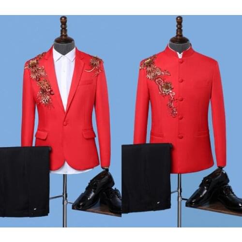 Red blazer men groom suit set with pants mens applique suits costume singer star style dance stage clothing formal dress