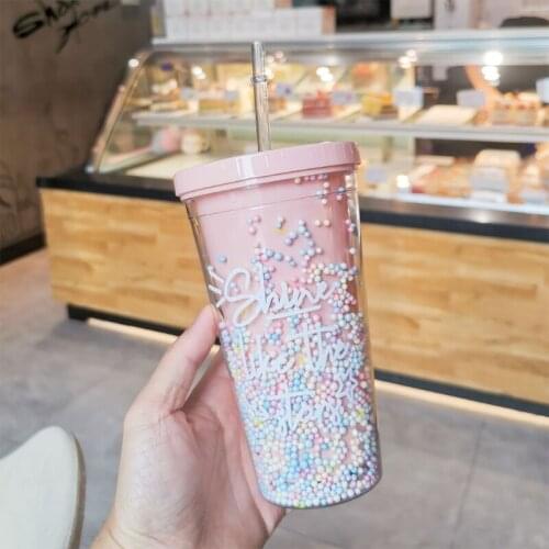 594C 550ml Creative Rainbow Plastic Water Bottle Double Layer Shiny Quicksand Sequins Kawaii Drinking Cup with Straw Lid Coffee