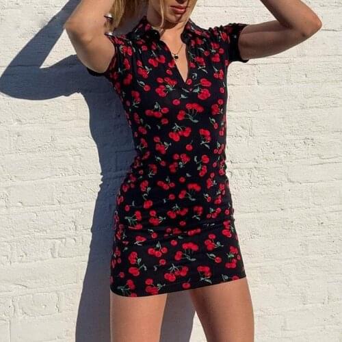 Summer Skinny Y2K Cherry Print Dresses Women Harajuku Vintage Aesthetic Cute Outfits Kawaii Bodycon Dress Korean Cuteandpsycho