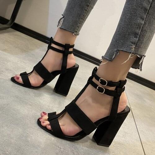 Summer Women Sandals 11CM High Heel Gladiator Sandals Double Buckle Ankle Strap Pumps Solid Color Black Ladies Shoes Plus Size