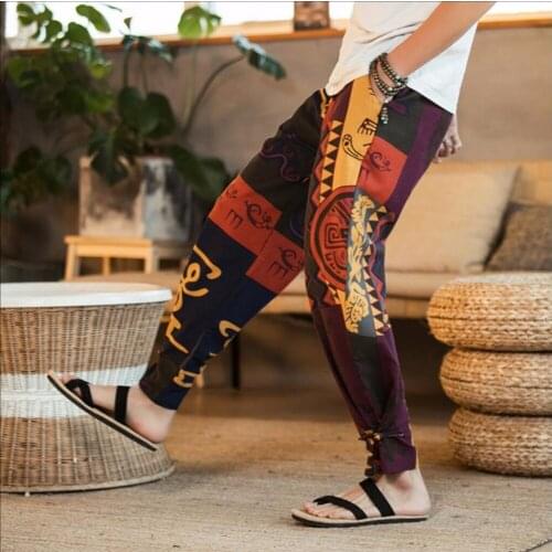 M-5xl 2020 Spring New Plus Size Men Trousers Loose Linen Floral Print Wide Leg Pants Casual Cotton Linen Bloomers Foot Pants