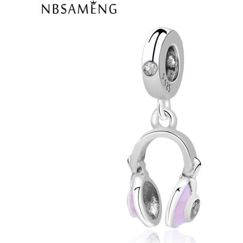 NBSAMENG 100% 925 Sterling Silver Original Beads Pink Headphones Pendant Charms Fit Bracelets Women For Jewelry Making
