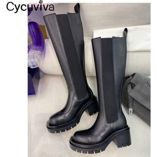 New Chunky Heels Long Knee High Boots Women Genuine Leather Platform Knight Boots Brand Design High Heel Motorcycle Boots Woman