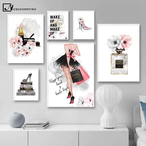 Lipstick Perfume High Heels Fashion Poster Makeup Floral Print Canvas Art Painting Wall Picture Modern Girl Room Home Decoration