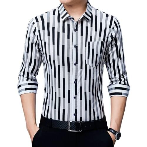 New Design White Black Striped Mens Cotton Stylish Casual Long Sleeve Shirts
