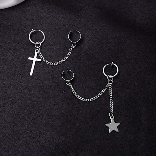 Punk Stainless Steel Jewelry Non Pierced Long Star Cross Earrings 1PCS Simple Silver Color Ear Clips Trendy Cartilage Earring