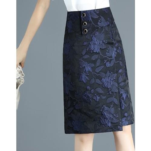 2020 Summer Spring Womens Clothing , Office Lady High Waisted Navy Dobby Floral Knee Length Skirt , 4xl Slim Skirts for Woman