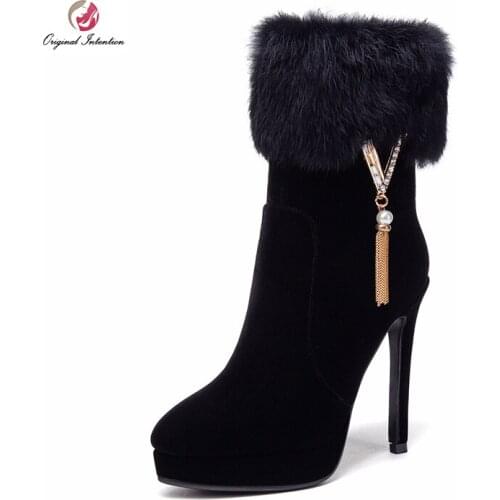 Original Intention Thin Heels 12cm High Women Ankle Boots Nice Buckle Warm Plush Boots Winter Fur Shoes Woman 3-10.5 Black Red