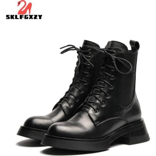 SKLFGXZY British Style Ankle Motorcycle Boots Women Real Leather Shoes Med Heel Boots Platform Round Toe Shoes Autumn Winter