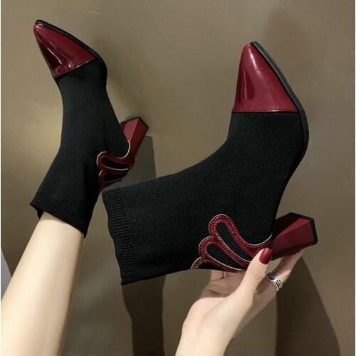 Female Booties High Heels 7 CM High Heels Women sock knitting Ankle Boots Pointed Toe Footwear A63-44 JY