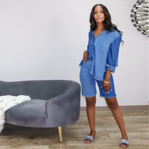 Women Loose 2 Two Piece Set Autumn Denim Shorts Set Long Sleeve Jeans Blouse Top + Shorts Suit Splicing Washed Matching Set