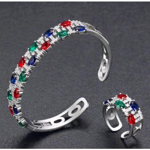 Quality A+ Women Bangle Ring Set Cubic Zirconia Colorful Stones Bridal Wedding Jewelry Sets Accessories Birthday Gift