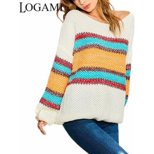 LOGAMI New Rainbow Stripe Slash Neck Sweater for Women Autumn Spring Colorful Knitting Pullover Jumper