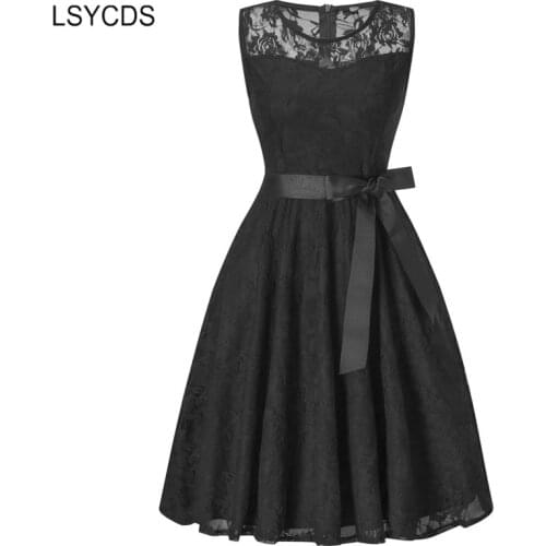 LSYCDS Big Swing Party Black Dresses Sleeveless O Neck Patchwork Floral Vintage Dress Elegant White Lace Dress for Women