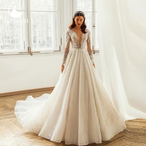 Aedmgh Luxury Empire Wedding Dresses 2021 V- Neck Long Sleeve A-Line Court Train Vestido De Novia Lace Appliques Robe De Mariee