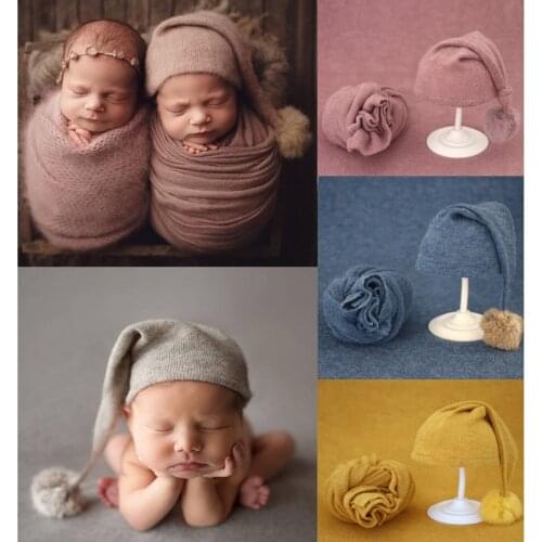 2pcs/set Newborn Photography Props Blanket Baby Fur Ball Knitted Hat Baby Beanie Baby Photo Shoot Accessories