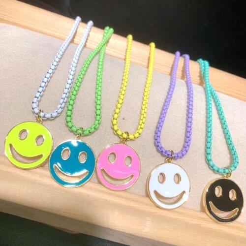 5Pcs Hot Unique Smiling Face Round Gold Color Pendants Necklaces Color Enamel Charm Box Chain Jewellery