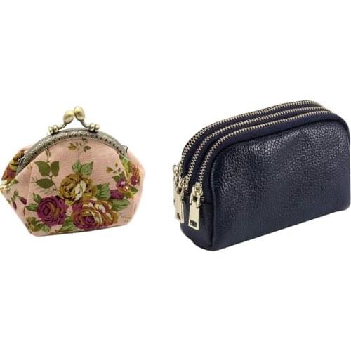 ASDS-2 Pcs Wallet: 1 Pcs Vintage Flower Clutch Bag (Pink) & 1 Pcs Triple Zip Key Ring Coin Purse Dark Blue