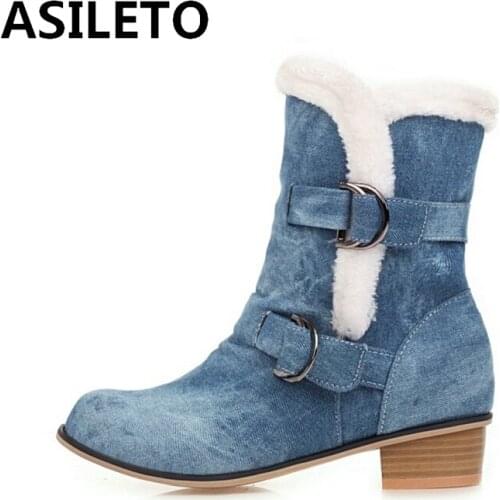ASILETO Winter Warm Mid-Calf boots Round toe Block Heels Denim Buckle Strap Ethnic Big size 34-48 Black Blue Navy Casual A3165