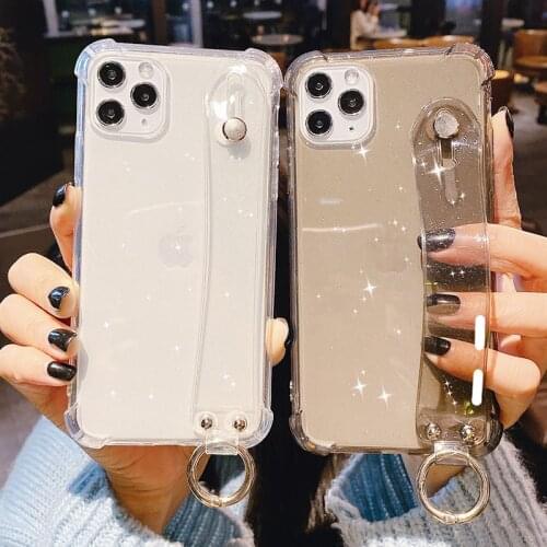 Shining Glitter Powder Phone Case For iPhone 12 11 XR X XS Max 8 7 Plus 6S Plus Transparent Soft Silicone Wrist Strap Back Cover