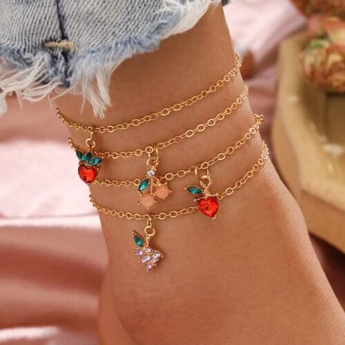 4Pcs/Set Sweet Sweet Crystal Fruit Anklets Set Fashion Apple Strawberry Cherry Grape Gem Gold Chain Anklet Bracelet Jewelry Gift