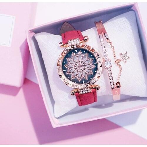 Women Diamond Watch Starry Square Dial Bracelet Watches Set Ladies Leather Band Quartz Wristwatch Female Clock Zegarek Damski